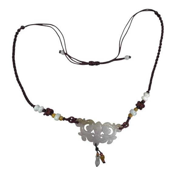 Artisan Jade Lotus Pendant Necklace Handcrafted Braided Knotted Silk Cord 22" - Picture 5 of 6